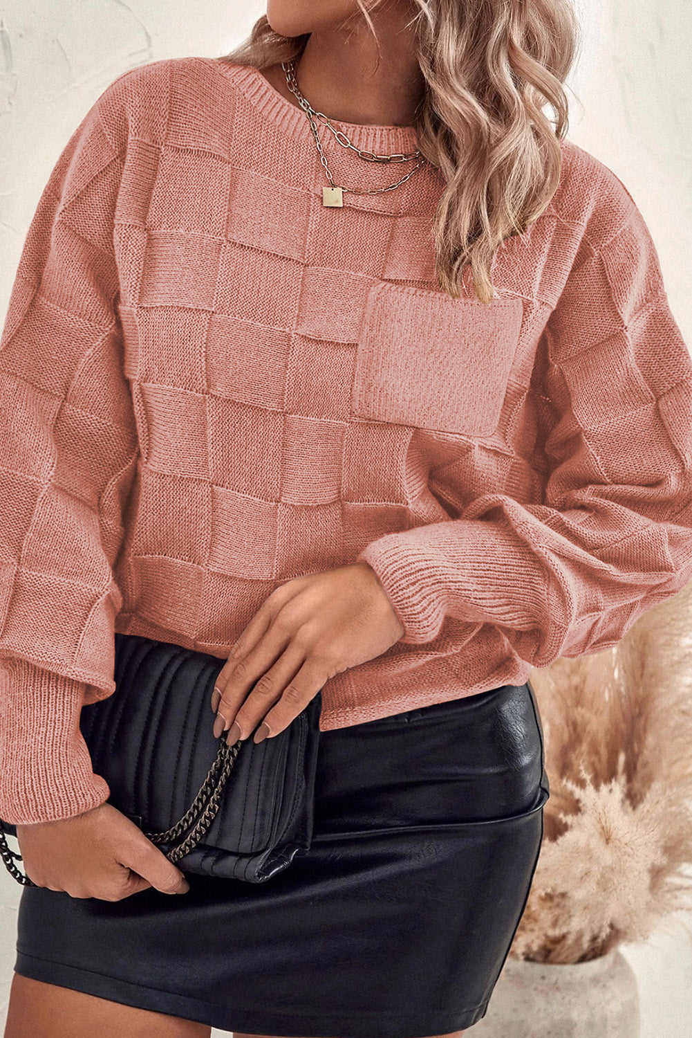 Rose Tan Solid Checkered Textured Knit Plus Size Sweater Dear-Lover Dropshipping